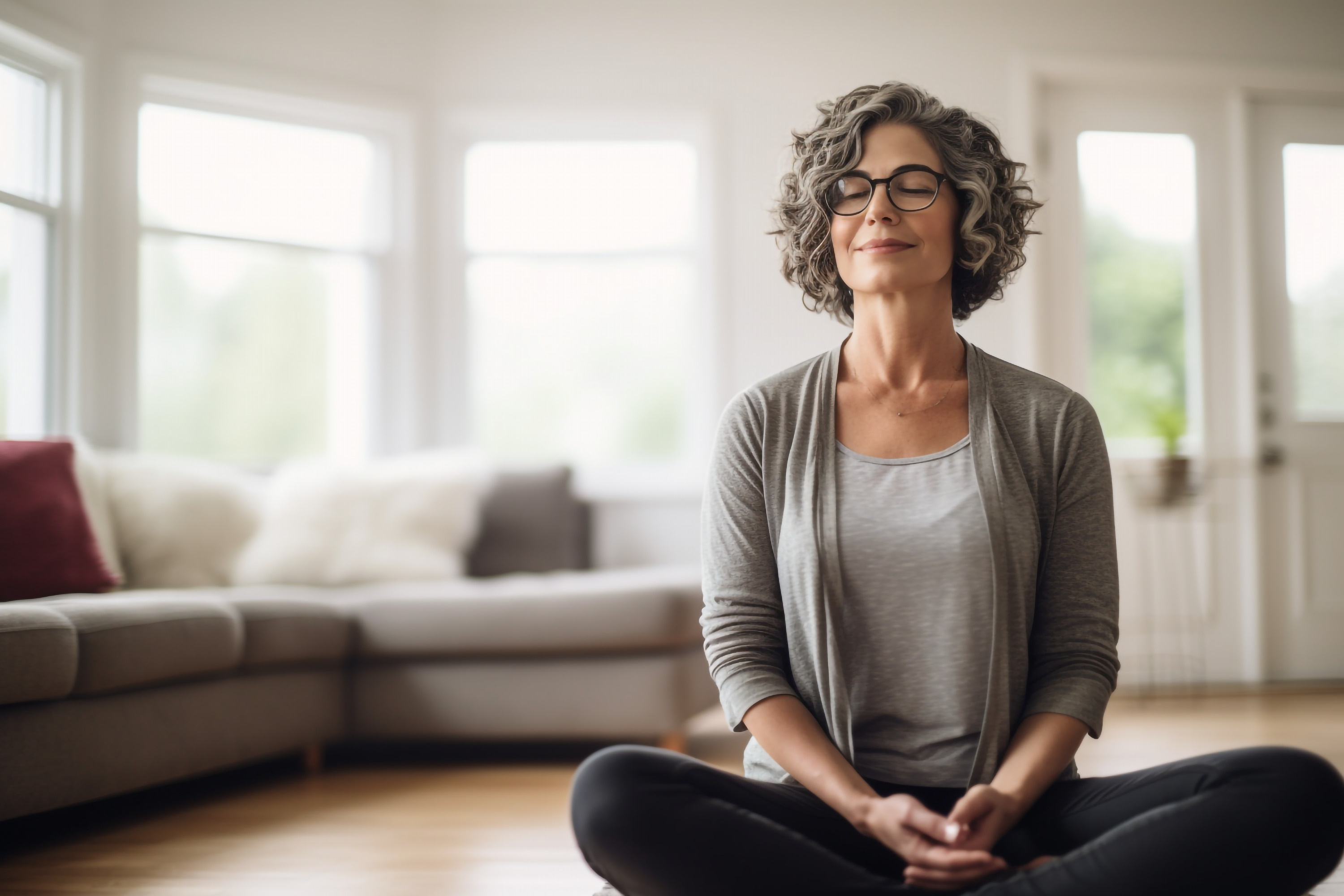 A woman sits cross-legged and meditates