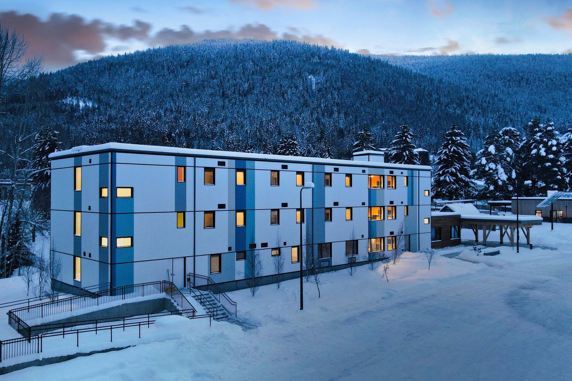 The Silver King Student Housing building in the evening