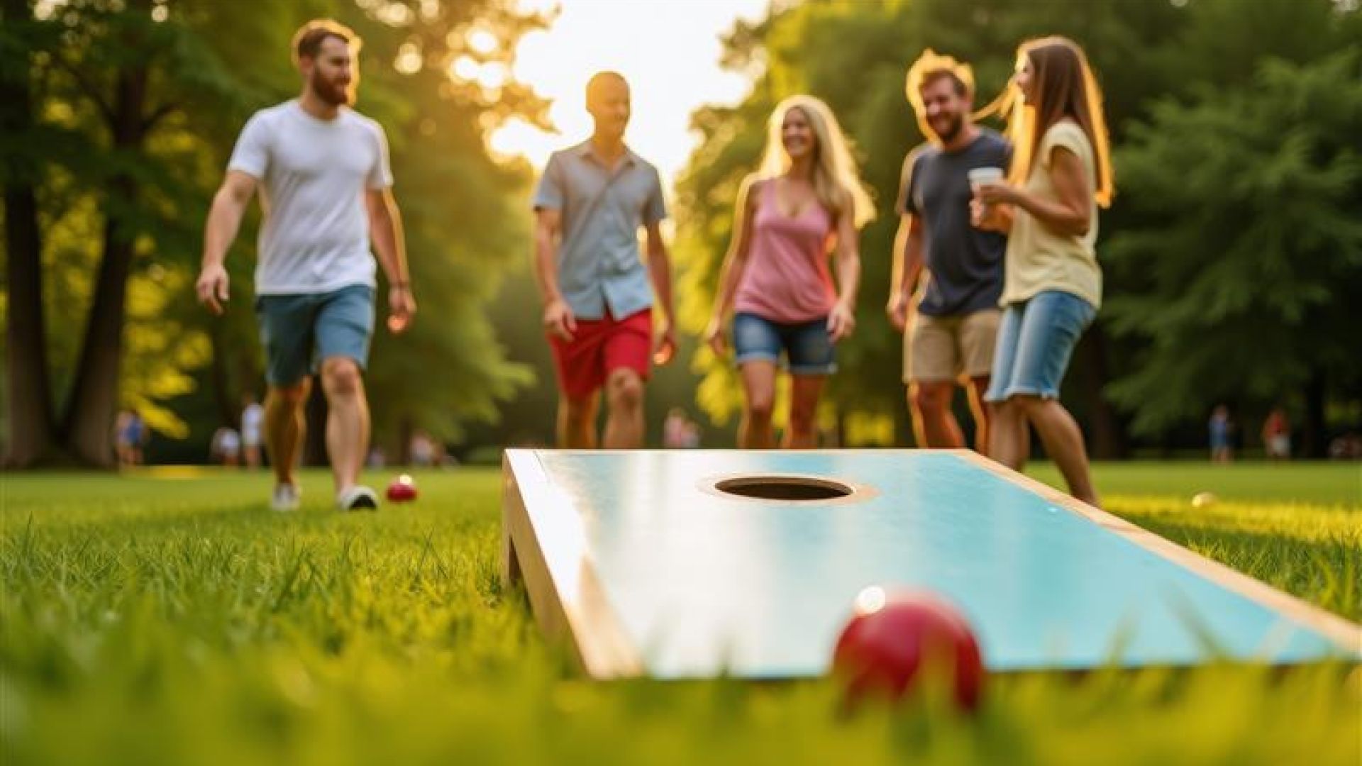 Group of friends plays corn hole on the lawn
