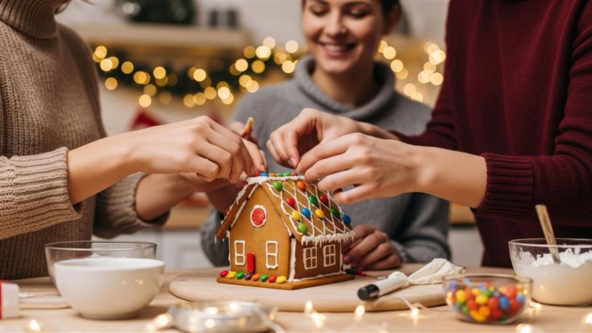 adults decorating a gingerbread house
