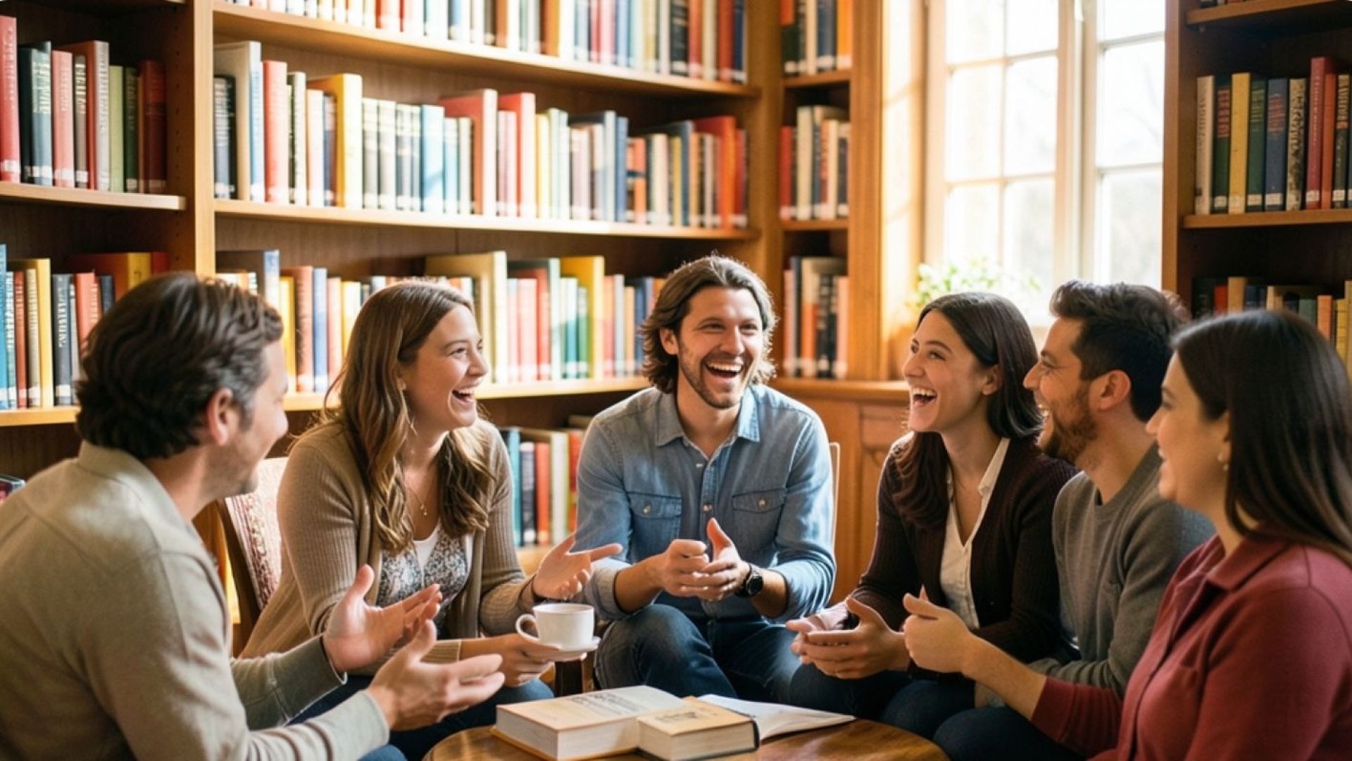 Students discussing topic in library