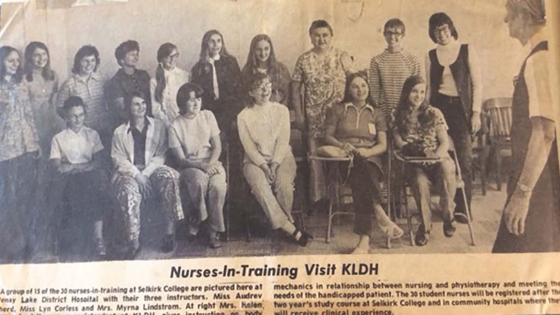 A cut out from a 1971 issue of the Nelson Daily newspaper with a photo of a group of students with the headline, "Nurses In-Training Visit KLDH"