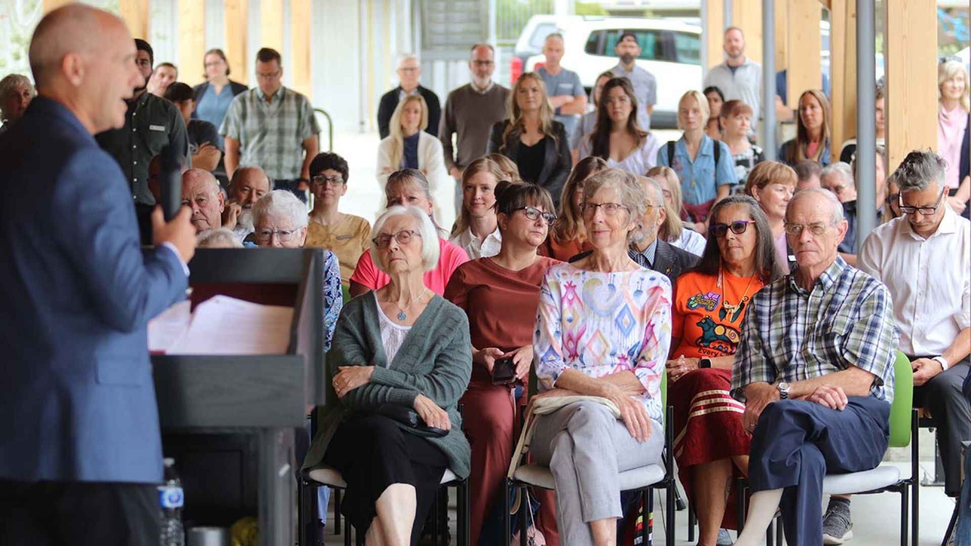 Speeches and the crowd at the Castlegar Campus student housing opening