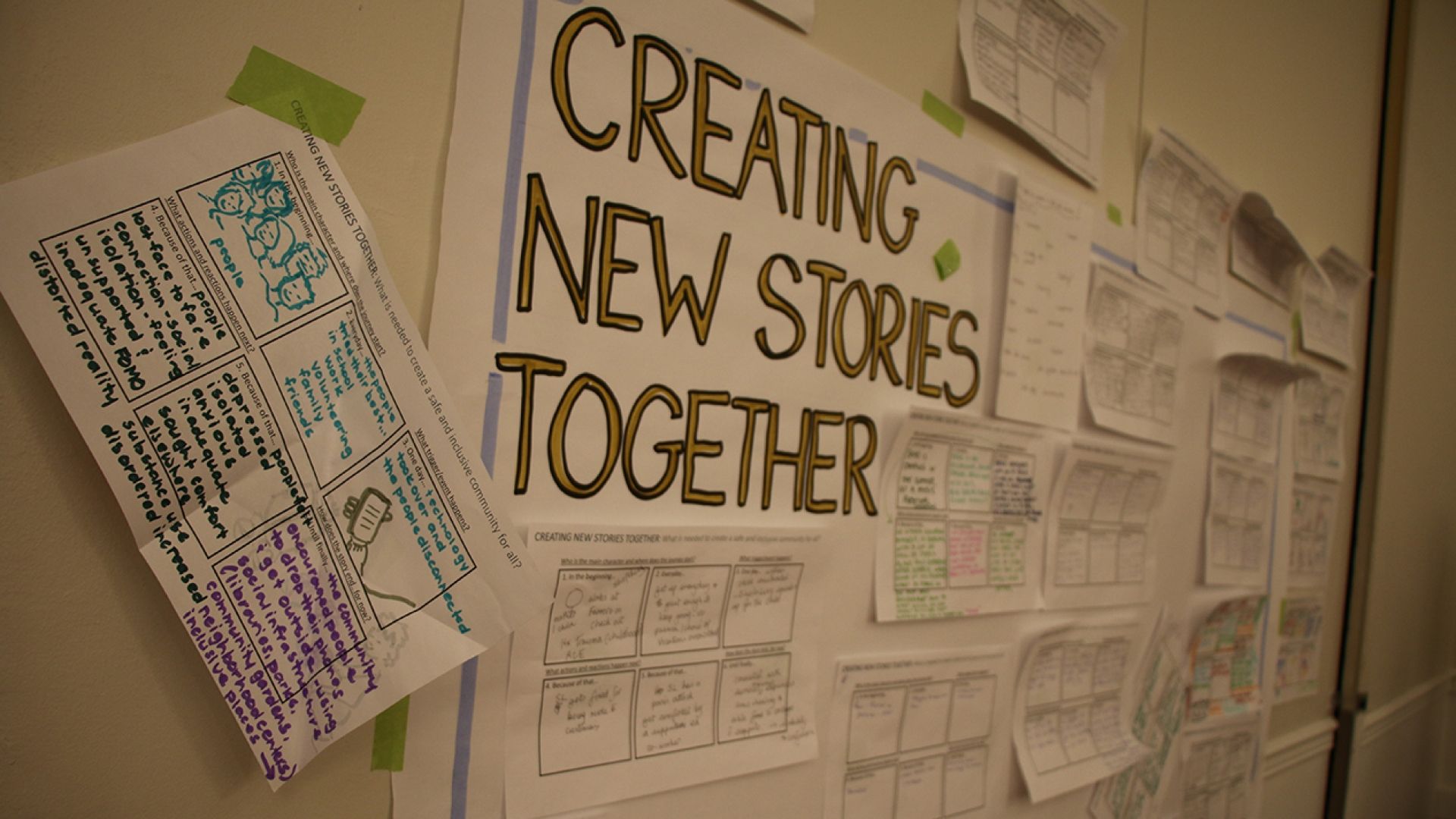 Poster on wall at Homelessness Summit describing storylines