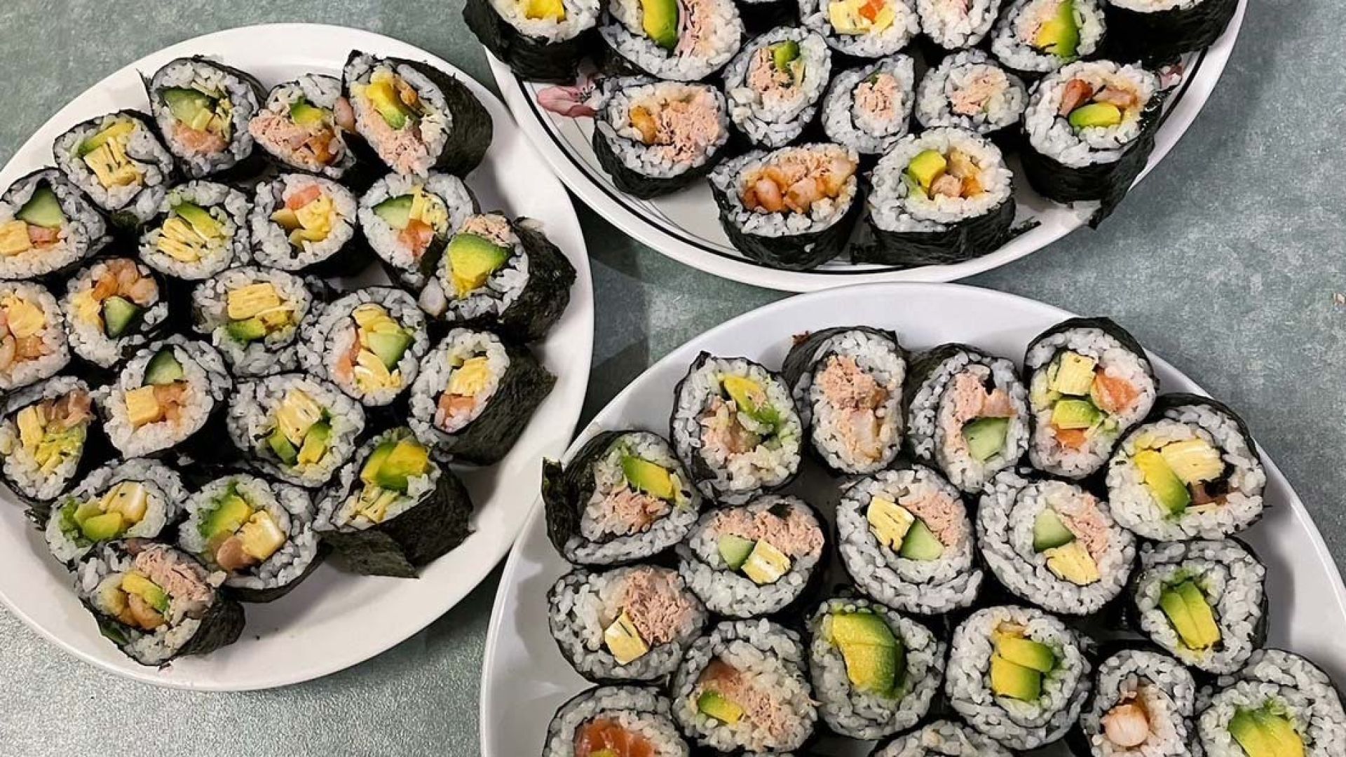 A platter of sushi rolls