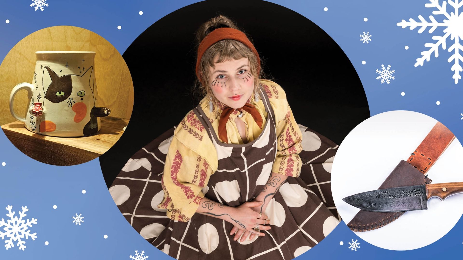 A woman stands in an ornate dress, with photos of ceramics and blacksmithing art on either side.