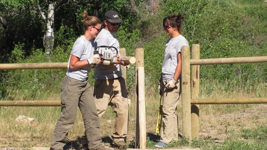 Co-op students working on building fence posts