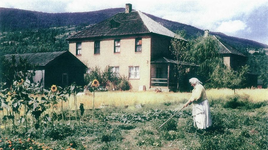 An old photo of the Mir Centre for Peace with farmland