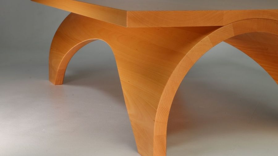 A detail view of a wooden table