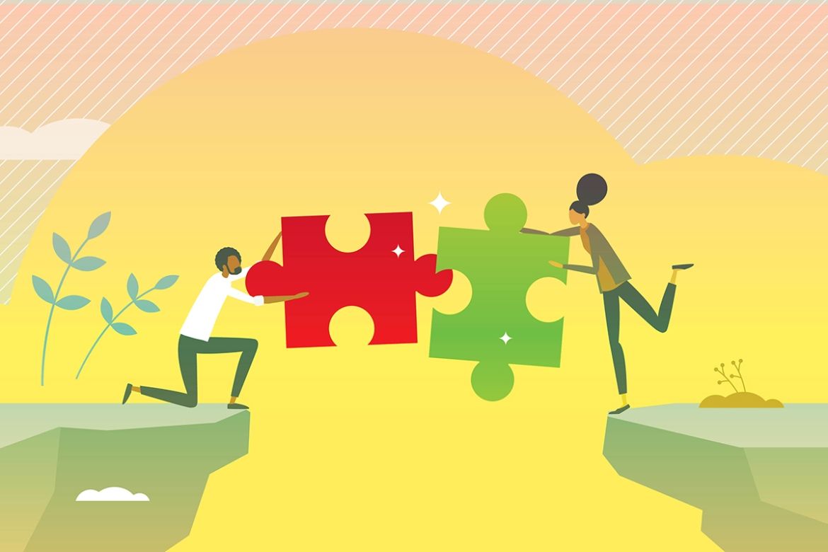 Vector artwork of two people with puzzle pieces