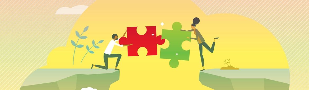 Vector graphic of two people with puzzle pieces
