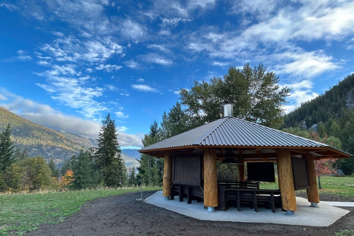 An image of the Indigenous Gathering Space on the Tenth Street Campus against a blue sky