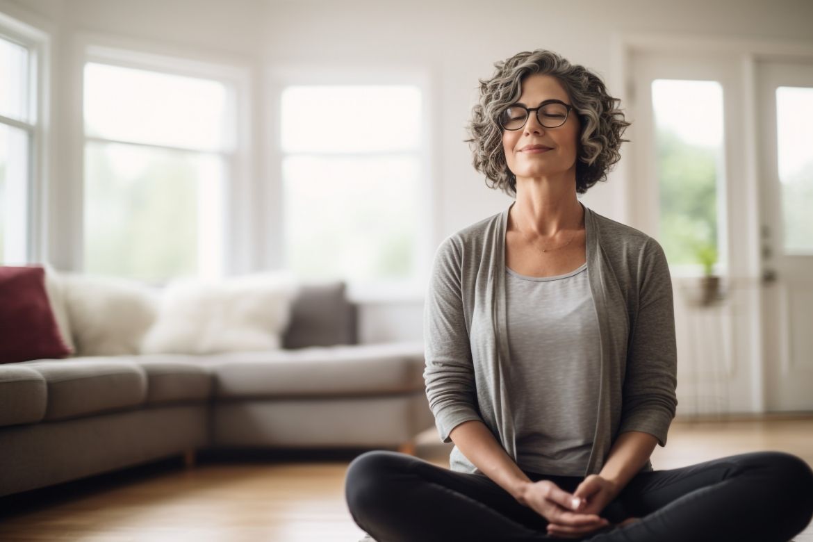 A woman sits cross-legged and meditates