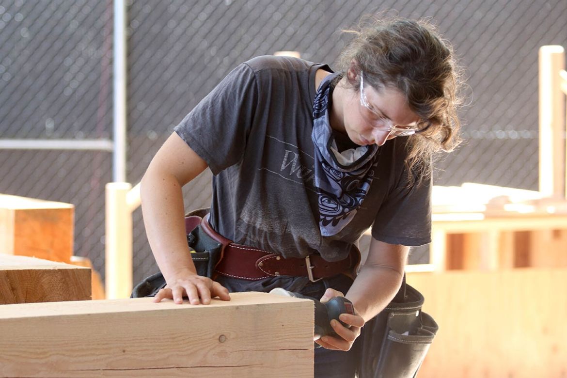 Carpentry student working outside