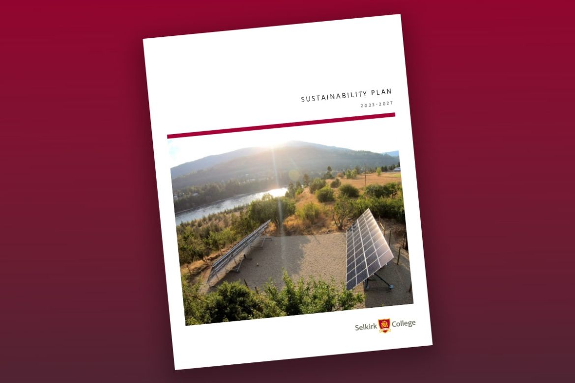 The cover of the Sustainability Plan 2023-207 on a maroon background