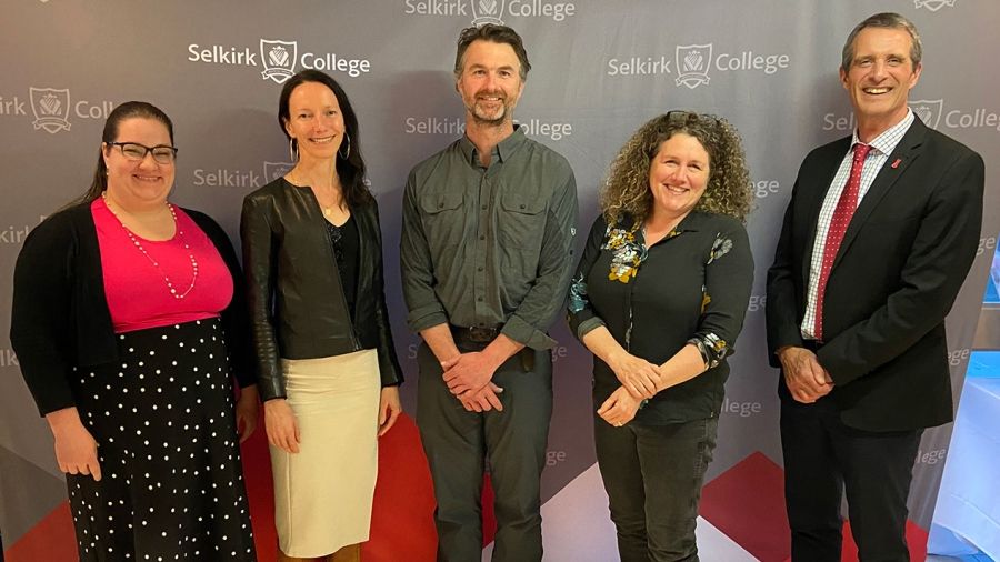 Recognized at a recent ceremony on the Castlegar Campus, the Selkirk College’s 2021 NISOD Excellence Awards winners include: (L-R) Lareena Rilkoff, Marian Lowe, Allison Lutz and Christopher Hillary, seen here with President Angus Graeme (right). Missing from the photo is Terri MacDonald.