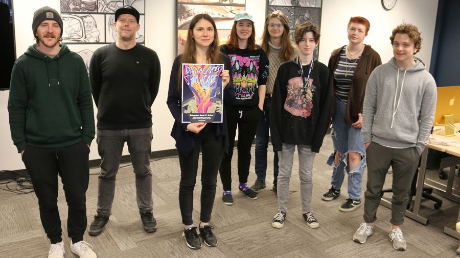 Selkirk College student Marina Nagibina (middle with poster) and members of the Digital Arts Program’s Class of 2022 are currently getting set for the annual year-end show that takes place at Mary Hall on Nelson’s Tenth Street Campus.