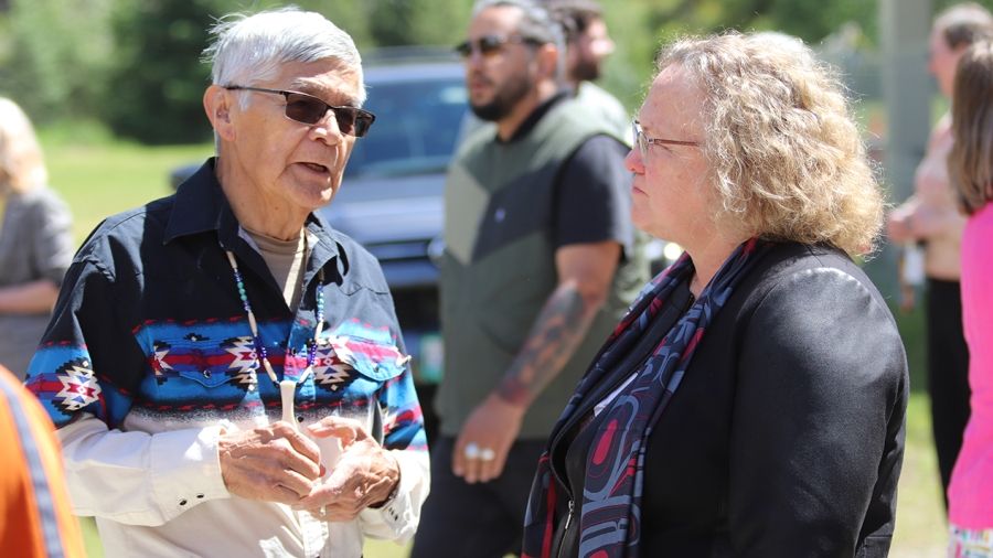 Nelson Mayor Janice Morrison with Indigenous artist Steve Noyes at the Tenth Street Indigenous Gathering Space opening.