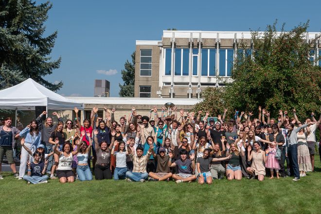 A large group of students outside