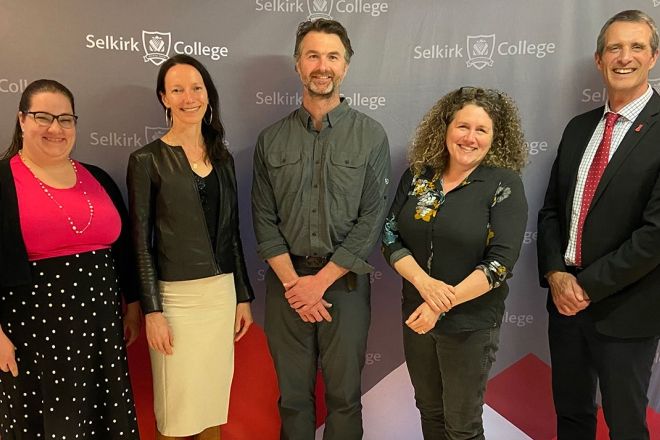 Recognized at a recent ceremony on the Castlegar Campus, the Selkirk College’s 2021 NISOD Excellence Awards winners include: (L-R) Lareena Rilkoff, Marian Lowe, Allison Lutz and Christopher Hillary, seen here with President Angus Graeme (right). Missing from the photo is Terri MacDonald.