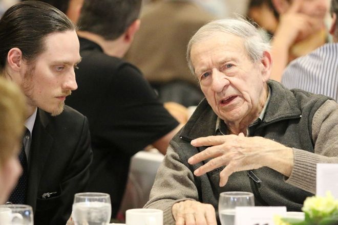 Selkirk College alumnus Darren Paterson (left) at the Bursary Tea in 2016 where he received financial support from community donors.