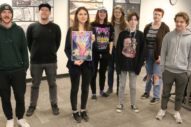 Selkirk College student Marina Nagibina (middle with poster) and members of the Digital Arts Program’s Class of 2022 are currently getting set for the annual year-end show that takes place at Mary Hall on Nelson’s Tenth Street Campus.