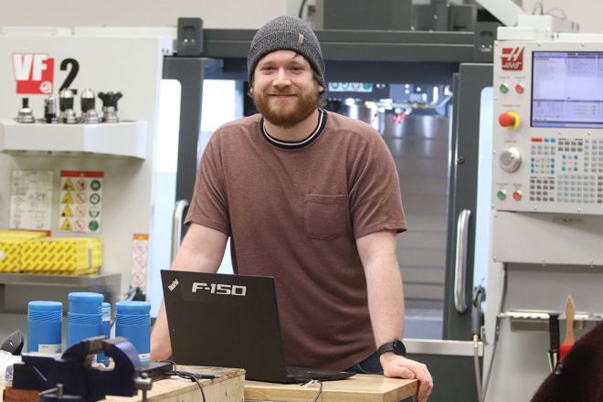Selkirk College student researcher Jacob Cramton works out of the Selkirk Technology Access Centre (STAC) in Trail 
