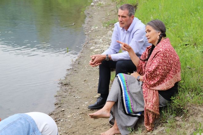 One of the areas of post-secondary where Angus Graeme (left) made a significant impact was Indigenization and reconciliation. Graeme is seen here chatting with Shelly Boyd, a leader with the Sinixt/Arrow Lake band.